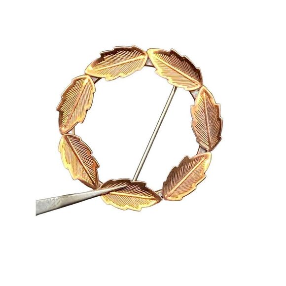 Vintage Bell Copper Solid Copper Leaf Wreath Lapel Hat Tie Pin Brooch - Picture 5 of 9